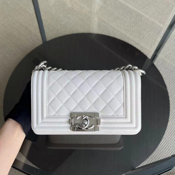 Caviar Boy Small Quilted Grained Calfskin White Silver Hardware Series 25 Fashion