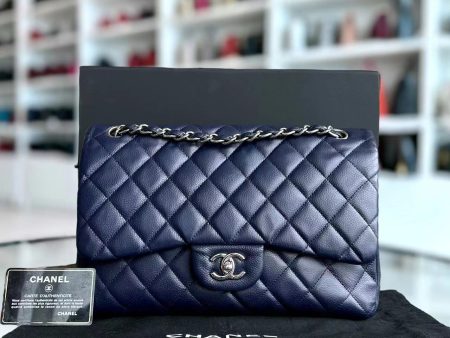 Caviar Jumbo Double Flap Classic Flap Quilted Calfskin Navy Blue SHW No 18 For Cheap