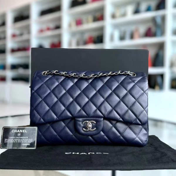 Caviar Jumbo Double Flap Classic Flap Quilted Calfskin Navy Blue SHW No 18 For Cheap