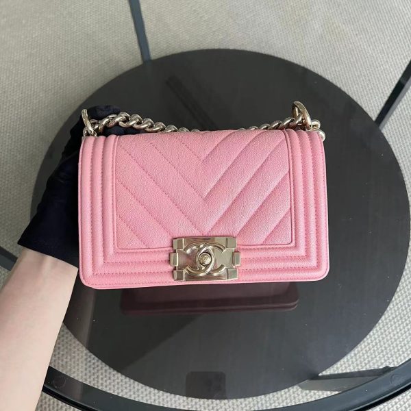 Chanel Boy Small - Caviar Chevron Calfskin Sakura Pink Golden Hardware Series 27 Sale