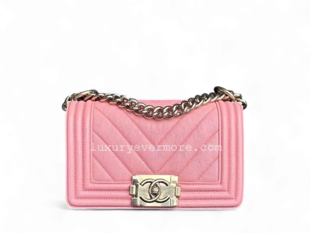 Chanel Boy Small - Caviar Chevron Calfskin Sakura Pink Golden Hardware Series 27 Sale