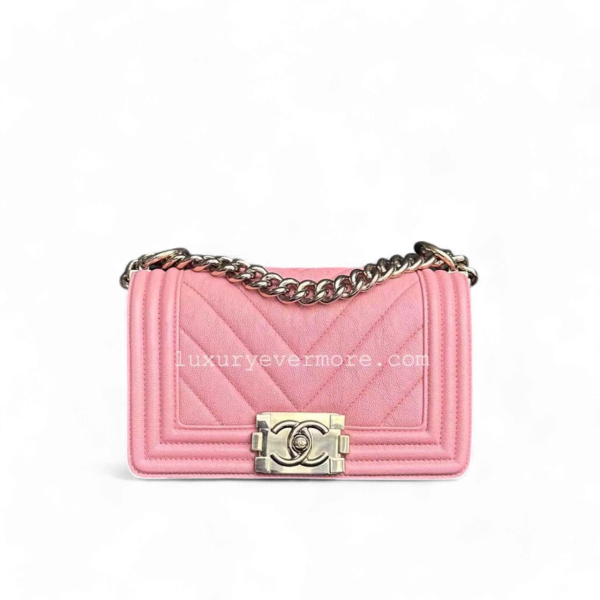 Chanel Boy Small - Caviar Chevron Calfskin Sakura Pink Golden Hardware Series 27 Sale