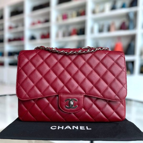 Chanel Classic Flap Jumbo - Caviar 30CM Single Flap Quilted Burgundy Dark Red Silver Hardware Series 13 Cheap