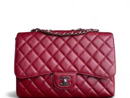 Chanel Classic Flap Jumbo - Caviar 30CM Single Flap Quilted Burgundy Dark Red Silver Hardware Series 13 Cheap