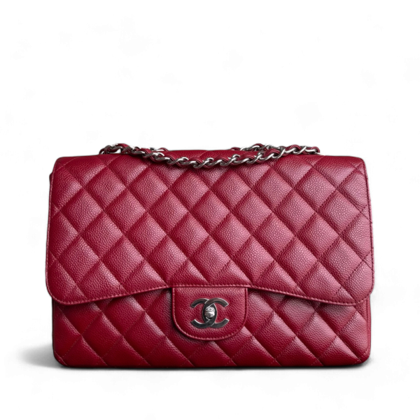 Chanel Classic Flap Jumbo - Caviar 30CM Single Flap Quilted Burgundy Dark Red Silver Hardware Series 13 Cheap