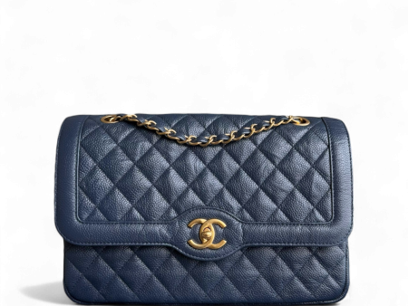 Chanel Two Tone Flap - Medium Crumpled Grained Calfskin Navy Blue Gold Series 21 Online Hot Sale