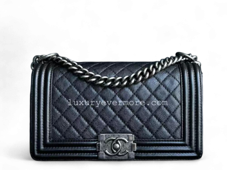 Calfskin Boy Old Medium 25CM Medium Quilted Black Ruthenium Silver Hardware Series 18 For Discount