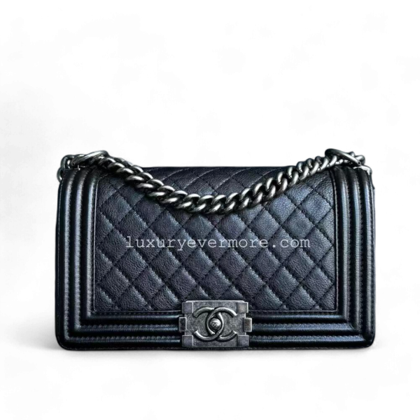 Calfskin Boy Old Medium 25CM Medium Quilted Black Ruthenium Silver Hardware Series 18 For Discount