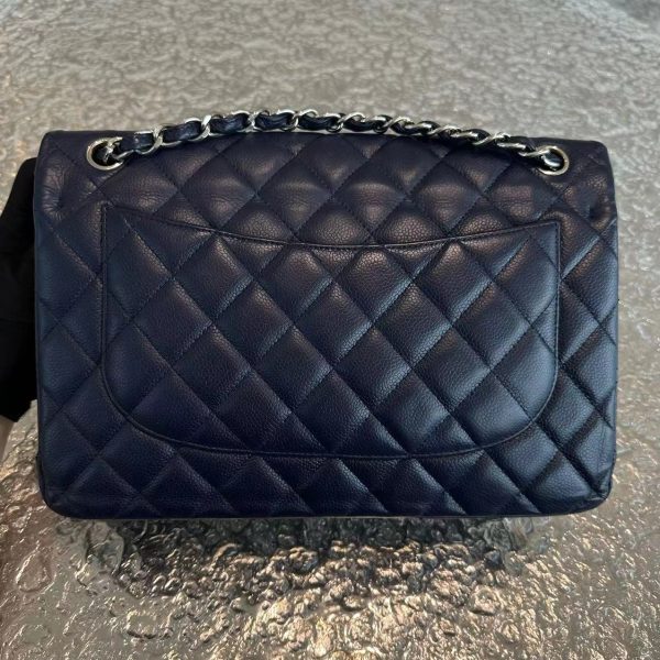 Caviar Jumbo Double Flap Classic Flap Quilted Calfskin Navy Blue SHW No 18 For Cheap