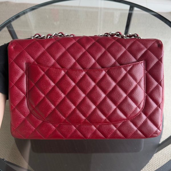 Chanel Classic Flap Jumbo - Caviar 30CM Single Flap Quilted Burgundy Dark Red Silver Hardware Series 13 Cheap