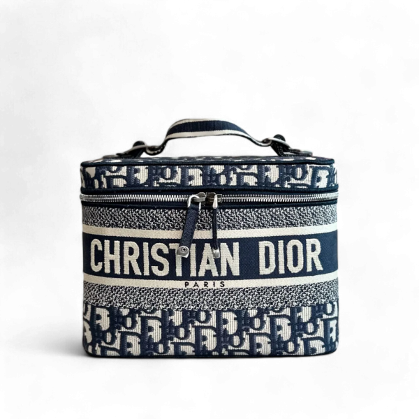 Dior Vanity - Oblique Embroidery Top Handle Bag In Jacquard Blue SHW For Sale