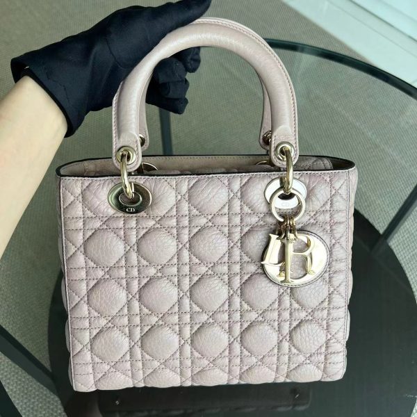 *Flap, Full Set, Receipt* Lady Medium Grained Calfskin Nude Pink Blush Golden Hardware Flap Opening on Sale