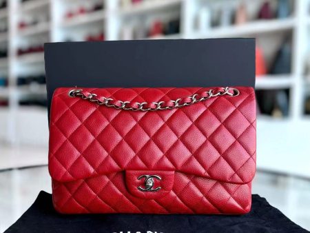 Caviar Jumbo Double Flap Classic Flap Quilted Calfskin Red SHW No 19 on Sale