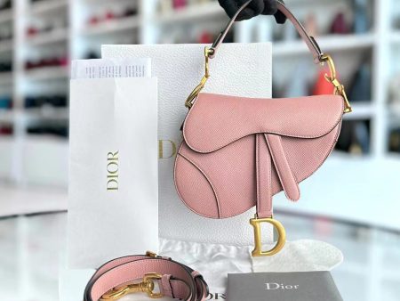 *2022 Strap Version Full Set Receipt* Saddle Small 20CM Grained Calfskin Light Pink GHW on Sale