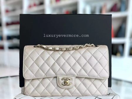 Caviar Classic Flap Quilted Grained Calfskin Iridescent Beige Gold Golden Hardware Series 16 Hot on Sale