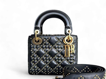 Lady Mini Studded Cannage Calfskin Black Golden Hardware Online Hot Sale