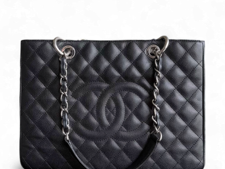 Chanel GST Grand Shopping Tote - Caivar Quilted Black Silver Hardware For Sale