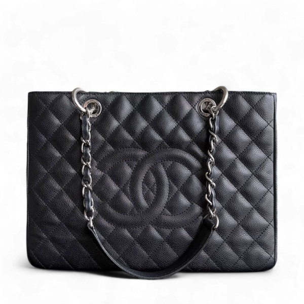 Chanel GST Grand Shopping Tote - Caivar Quilted Black Silver Hardware For Sale