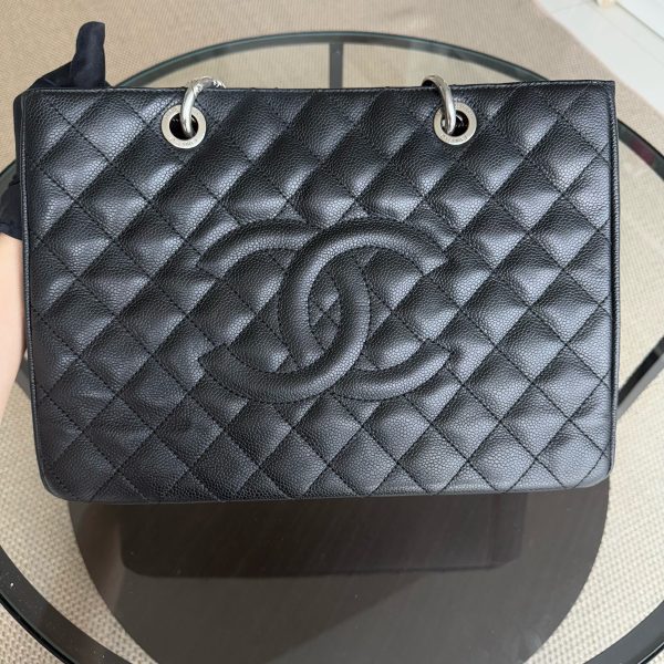 Chanel GST Grand Shopping Tote - Caivar Quilted Black Silver Hardware For Sale