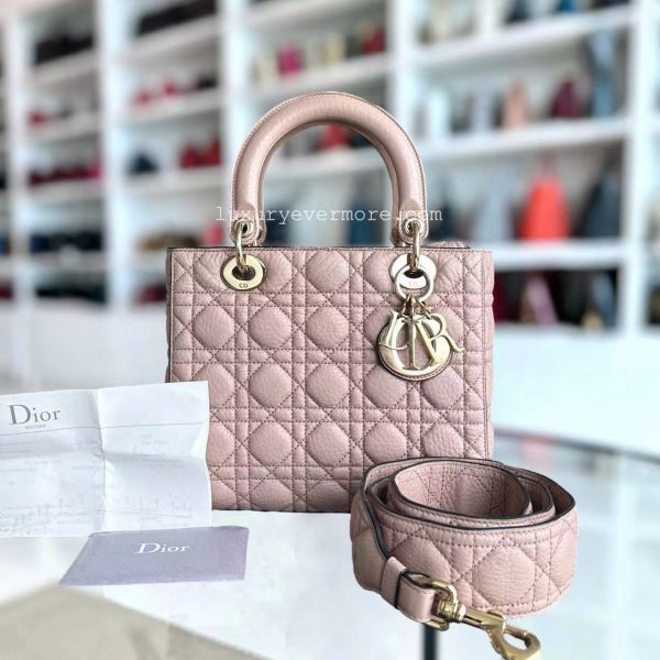 *Flap, Full Set, Receipt* Lady Medium Grained Calfskin Nude Pink Blush Golden Hardware Flap Opening on Sale