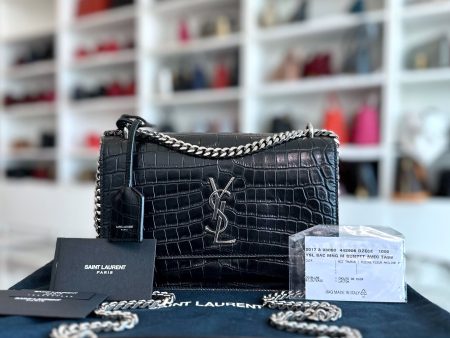 YSL Yves Saint Laurent Sunset Medium Crocodile Texture Calfskin Leather Black SHW For Sale