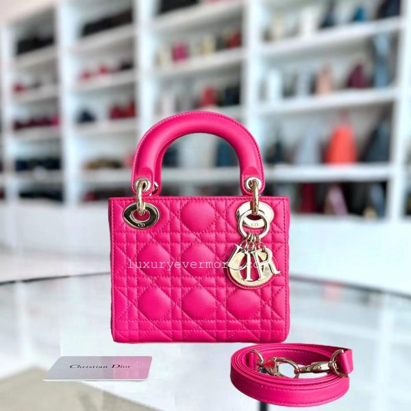 Lady Mini Lambskin Cannage Hot Pink Golden Hardware Online Hot Sale