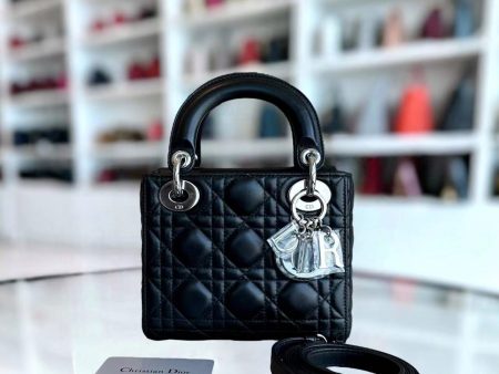 *Adjustable Strap* Lady Mini Cannage Lambskin Black Silver Hardware Hot on Sale