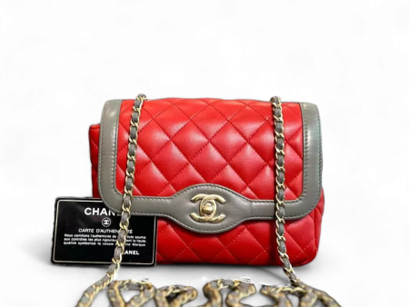 Chanel Seasonal Flap - Two Tone Quilted Lambskin Red Grey Golden Hardware Series 23 on Sale