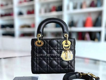 *Adjustable Strap* Lady Mini Cannage Lambskin Black Golden Hardware Discount