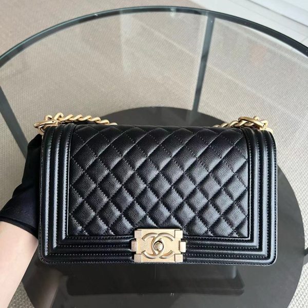 Caviar Boy Medium 25CM Quilted Black Golden Hardware Series 28 For Cheap