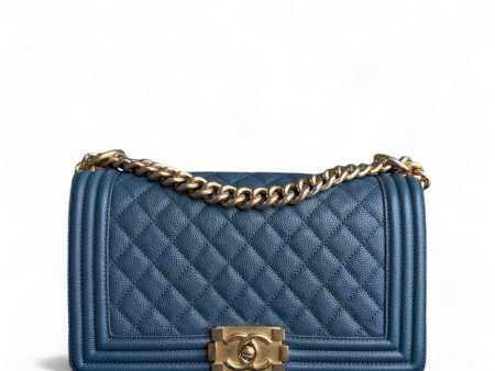 Chanel Boy Medium - Caviar 25CM Quilted Blue Gold Hardware Series 23 Sale