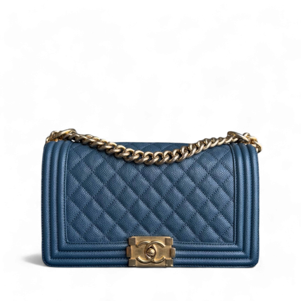 Chanel Boy Medium - Caviar 25CM Quilted Blue Gold Hardware Series 23 Sale