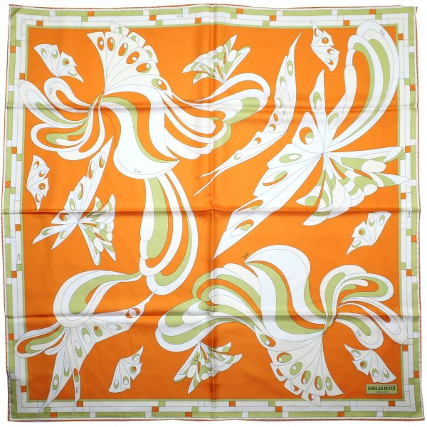 Emilio Pucci Scarf White Orange Olive Butterfly - Twill Silk Square Foulard Hot on Sale