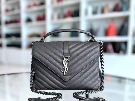 YSL College Medium Chevron Calfskin Grey Gray Leather Bag Hot on Sale