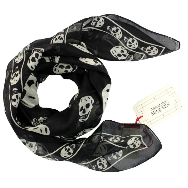 Alexander McQueen Scarf Black White Signature Skulls - Large Chiffon Silk Shawl SALE Fashion