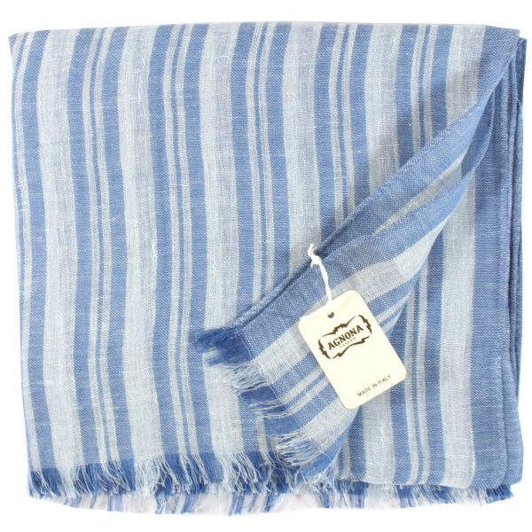 Agnona Scarf Dark Blue White Stripes Design - Linen Silk Shawl FINAL SALE Online Hot Sale