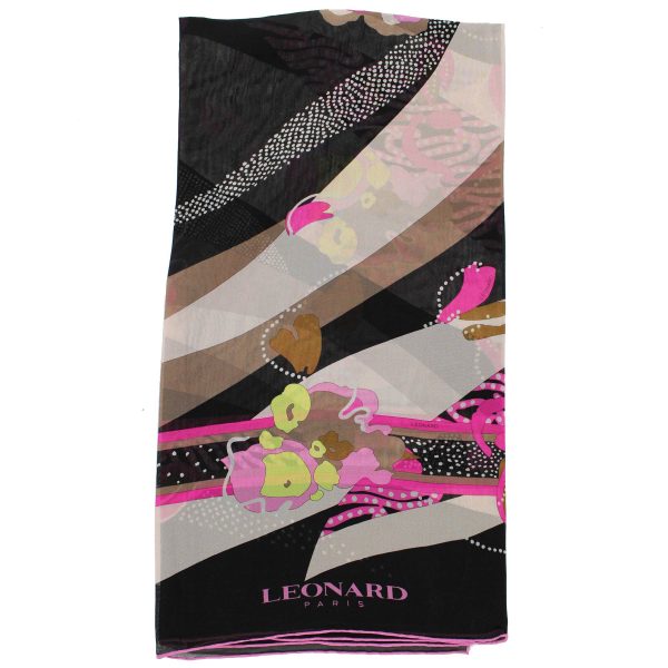 Leonard Paris Scarf Black Cream Pink Floral - Chiffon Silk Shawl SALE Fashion