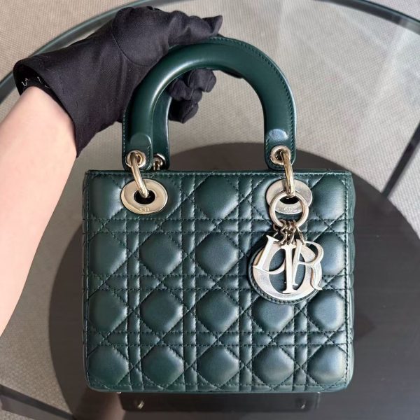 Dior Lady Small - Cannage Lambskin Dark Green Gold hardware For Sale