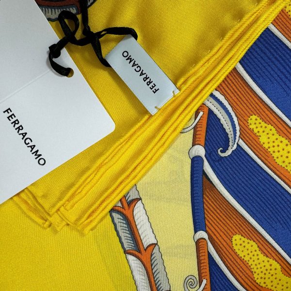 Ferragamo Scarf Yellow Fish Design - Twill Silk Foulard - New 2024 Collection - SALE Fashion