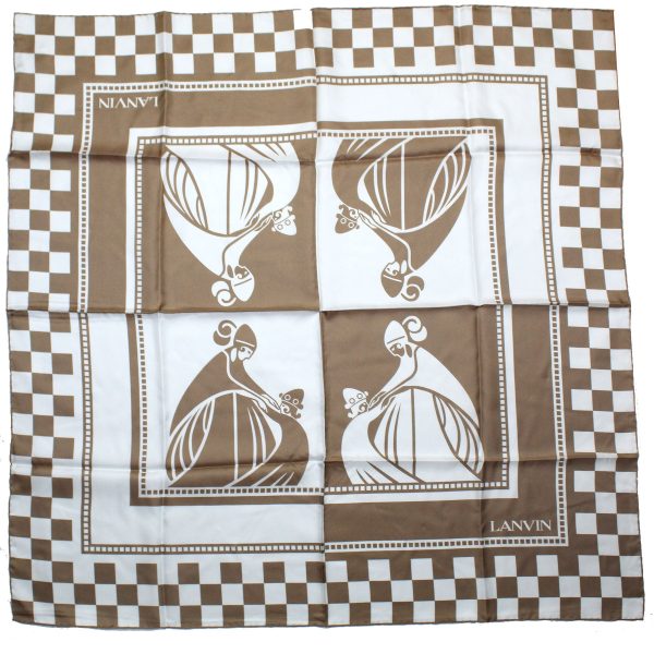 Lanvin Scarf Taupe White Check Design - Twill Silk Scarf SALE Supply