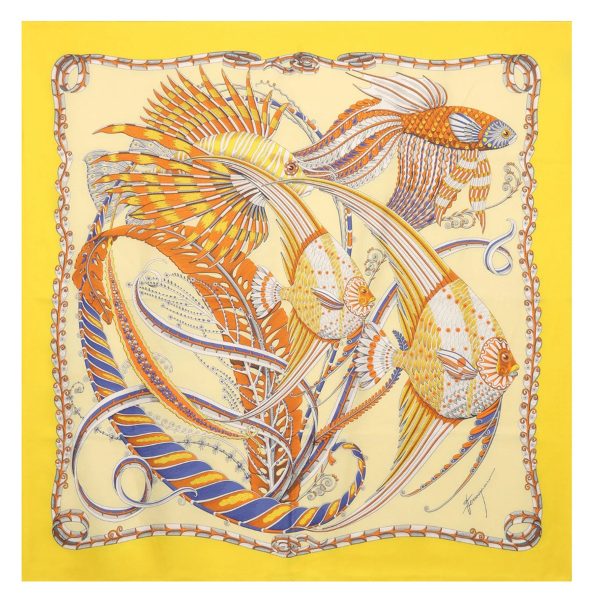 Ferragamo Scarf Yellow Fish Design - Twill Silk Foulard - New 2024 Collection - SALE Fashion