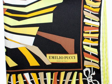 Emilio Pucci Scarf Black Brown Yellow Design - Large Twill Silk Square Foulard SALE For Discount