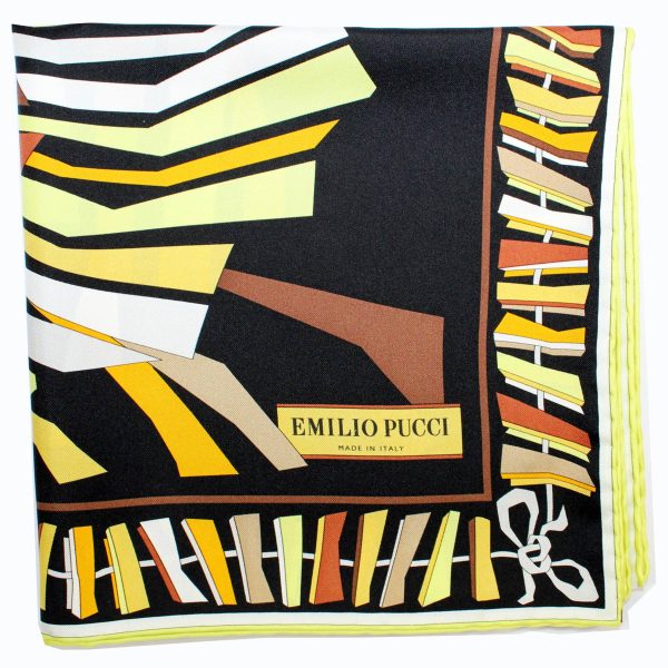 Emilio Pucci Scarf Black Brown Yellow Design - Large Twill Silk Square Foulard SALE For Discount