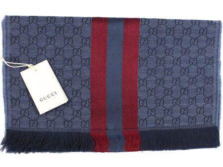 Gucci Scarf Midnight Blue Signature GG Stripe - Wool Silk Jacquard Shawl SALE For Sale