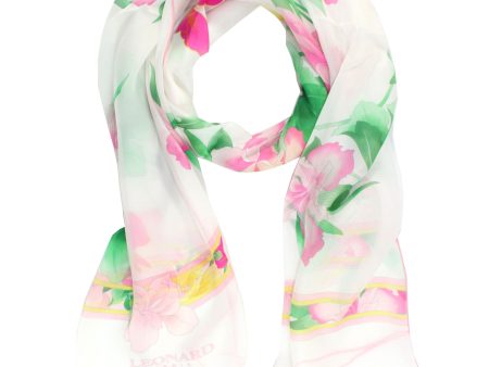 Leonard Paris Scarf White Pink Yellow Floral - Chiffon Silk Shawl Fashion