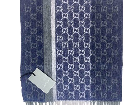 Gucci Cashmere Scarf Gray Midnight Blue GG Shawl SALE Discount