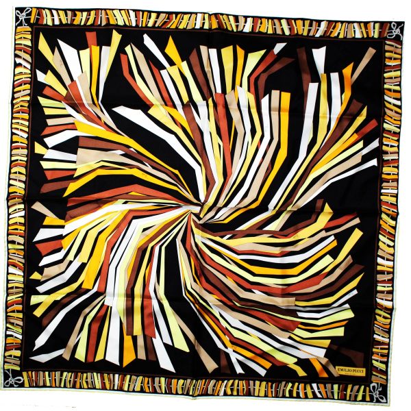 Emilio Pucci Scarf Black Brown Yellow Design - Large Twill Silk Square Foulard SALE For Discount