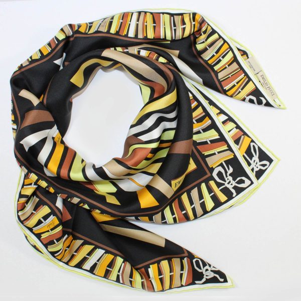 Emilio Pucci Scarf Black Brown Yellow Design - Large Twill Silk Square Foulard SALE For Discount