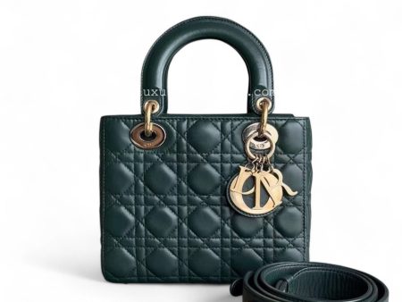 Dior Lady Small - Cannage Lambskin Dark Green Gold hardware For Sale