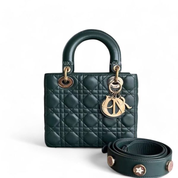 Dior Lady Small - Cannage Lambskin Dark Green Gold hardware For Sale